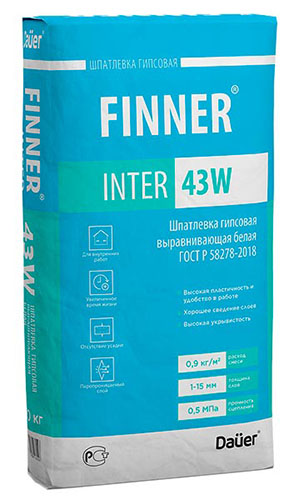 Шпатлевка гипсовая выравнивающая белая FINNER® INTER 43 W, мешок 20 кг